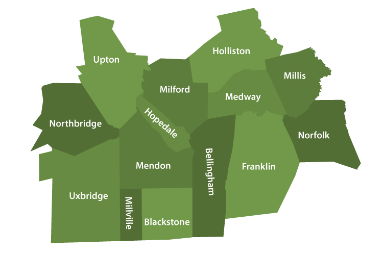 Map showing towns in the Bank's CRA area.